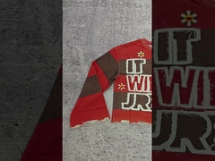 カスタムロゴ 280-300 GSM コットン ダメージ加工刺繍 酸性ウォッシュ加工 生ヘム クロップドストライプ長袖