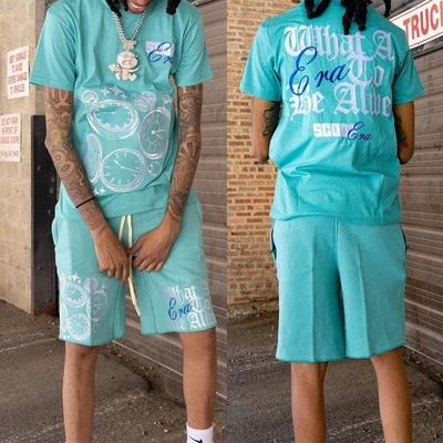 購入 シルクスクリーン印刷 男性用 オーダーメイド トレーニングスーツ 男性用 Tシャツとスウェットショートセット online manufacture