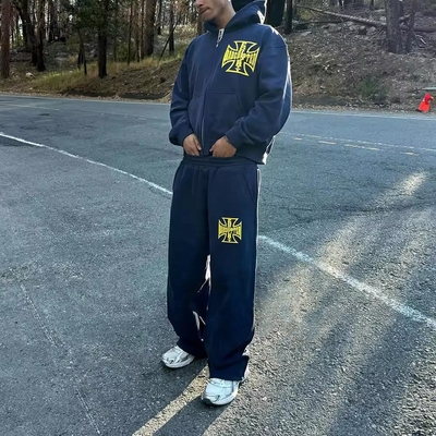 購入 ヴィンテージ アシド ウォッシュ 男性 スポーツスーツ DTG プリント スウェットスーツ 日常生活 ジョギングセット online manufacture