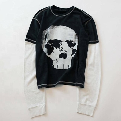 購入 ヒップホップスタイル カスタム 双層長袖Tシャツ プリントされた頭蓋骨グラフィックの双色シャツ online manufacture