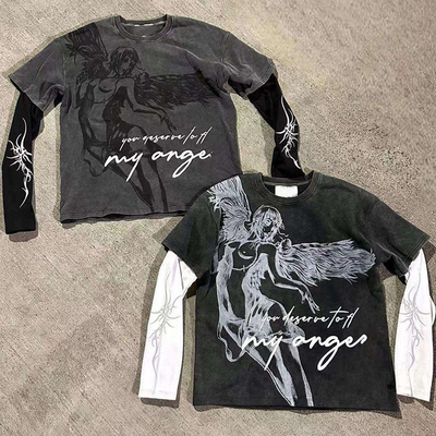 購入 ヴィンテージ アシド ウォッシュ 男性用Tシャツ オネック ネックカラー カジュアルスタイル ダブルレイヤー 100% コットン online manufacture