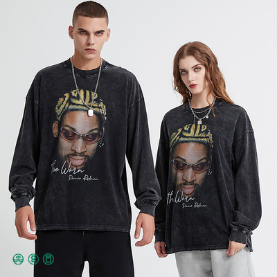購入 メンズ ヒップホップ アシドウォッシュ クルーネック スウェットシャツ スポーツ ブラック ストレスト ヴィンテージTシャツ テリーファブリック online manufacture