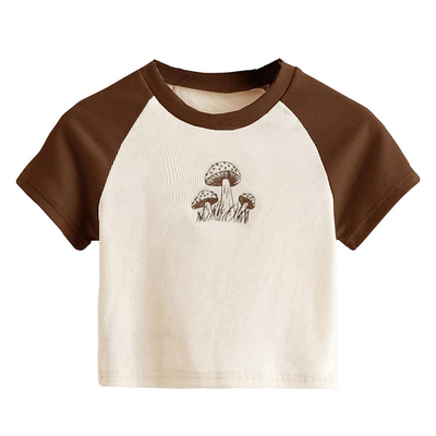 購入 女性用グラフィックプリント刺身Tシャツ 可愛いキノコデザインとラグラン袖 online manufacture