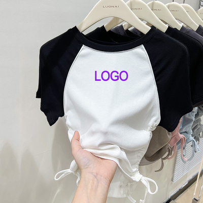 購入 カスタム Y2K リブド コットン カントラスト カラー クロップ トップ 曲げた 引き糸 短袖 女性 online manufacture