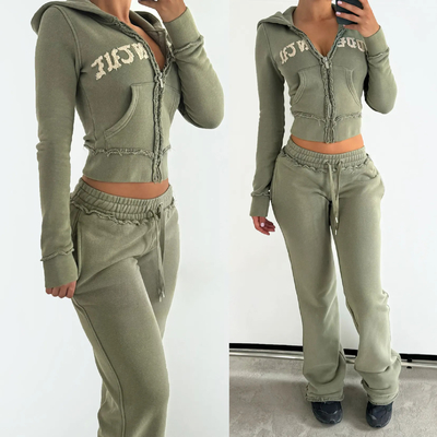 購入 女性用 刺身 アシドウォッシュ スポーツスーツ 100% コットン フラスト スウェットパンツとフーディセット online manufacture
