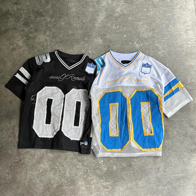 購入 カスタム 刺身 カジュアル スポーツ レトロ アメリカン ストリートウェア 男性 カット ポリエステル メッシュ サッカー Tシャツ ボックス サッカー ジャージ online manufacture