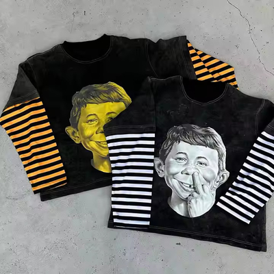 購入 男性用 ダブルレイヤー ロング袖Tシャツ カスタム アシド洗浄 350gm 重量 ストライププリント付き グラフィックTシャツ online manufacture