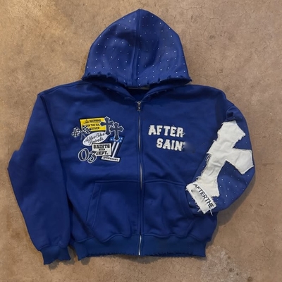 購入 カスタム秋と冬のダメージ刺繍ラインストーンヘビーウェイト500 Gsmフレンチテリーボックス型オーバーサイズジップアップパーカー online manufacture