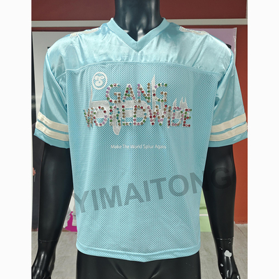 購入 カスタムストリートウェアメンズボックスクロップドリベットラインストーンサテンメッシュTシャツアメリカンレトロ通気性スポーツフットボールジャージー online manufacture