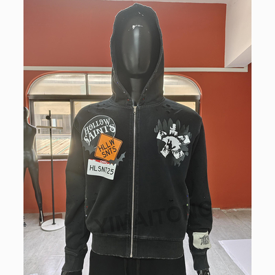購入 カスタム刺繍パッチワークジッパーパーカー ヘビーウェイトコットン ストリートウェア ヴィンテージアシッドウォッシュジップアップパーカー メンズ online manufacture
