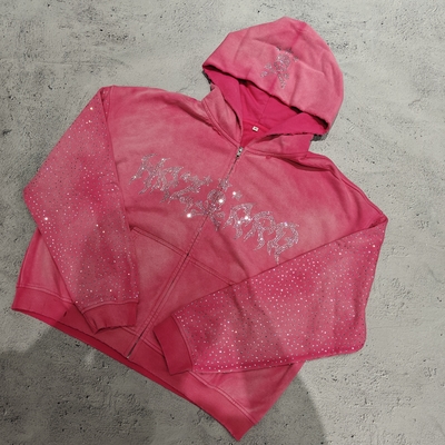 購入 カスタムダイヤモンドバギーボックスフィットアシッドウォッシュジップアップジャケット ヴィンテージヘビーウェイトストリートウェアダメージラインストーンフーディーメンズ online manufacture