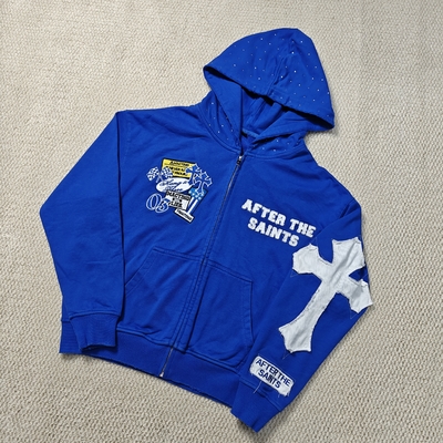 購入 カスタムストリートウェア メンズ ヘビーウェイト 420 gsm ダメージ加工刺繍 コットンフレンチテリー ラインストーン フード ジップアップパーカー online manufacture