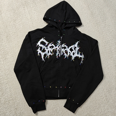 購入 Custom Distressed Embroidery Boxy Cropped Zipper Streetwear 400 gsm 600gsm Men Zip up Heavyweight Rhinestone Hoodie online manufacture