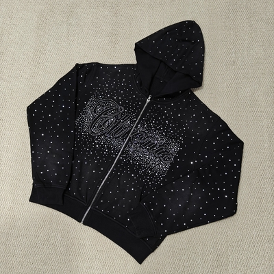 購入 Custom Bulk Luxury Shining Gemstone Oversized Rhinestone Zip up Hoodie Acid Wash Vintage Streetwear Zipped Hoodie for Men online manufacture
