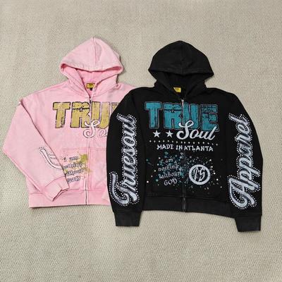 購入 Custom DTG Screen Printing Boxy Heavyweight Zipper Jackets Cotton Distressed Rhinestone Zip up Men Hoodie online manufacture