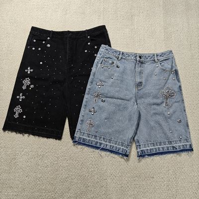 購入 Clothing Manufacturers Custom Streetwear Rhinestone Vintage Black Jeans Shorts Rhinestone Denim Shorts Jorts for Men online manufacture