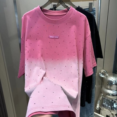 250Gsm 男性 ラインストーン Tシャツ ユニセックス 綿 Tシャツ ヴィンテージ 洗濯 オーバーサイズ ピンク アシド 洗濯