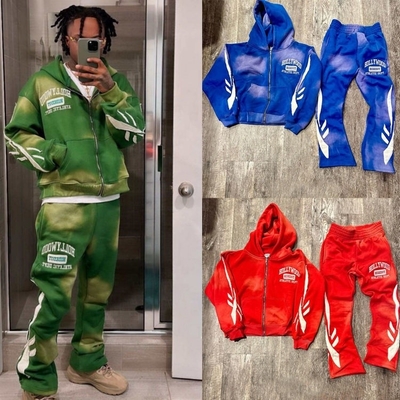 ジェンダーニュートラル 男性用 アシドウォッシュ ジッパー トレーニングスーツ 2点セット フーディとスウェットパンツ