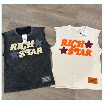 男性用 ヒップホップ 100% コットン酸洗濯袖なしタンクトップ カスタムロゴ刺身