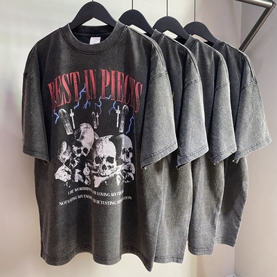 ハイストリート アシド ウォッシュ シャツ ユニセックス オーバーサイズ 黒いTシャツ カスタムロゴ 1000枚