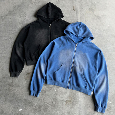 オーダーメイド 400gm ヘビーウェイト 空白 オーバーサイズ ボックスフィット  Zip Up ヴィンテージ 陽光消えた酸洗い ウォッフル フーディ 男性用