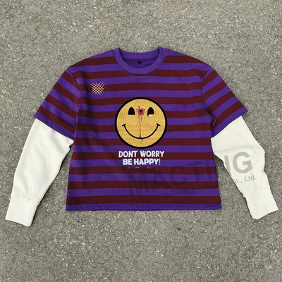 カスタム メーカー DTG プリント 綿 編み物 箱型Tシャツ ラグビー ストライプ ダブルレイヤ ワッフル 長袖Tシャツ 男性用