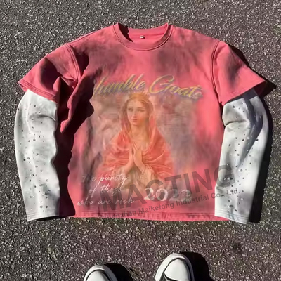 カスタム メーカー DTG プリント 綿 編み物 箱型Tシャツ ラグビー ストライプ ダブルレイヤ ワッフル 長袖Tシャツ 男性用