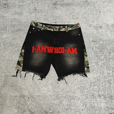 カスタムタオル刺繍パッチロゴ カモ バギーショーツ ストリートウェア 高品質 ローヘム ヴィンテージデニムジーンズショーツ メンズ
