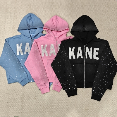 Custom 2025 New Dirty Washed Mens hoodies Y2k Streetwear Vintage Distressed Applique Embroidery Rhinestone Zip up Hoodie